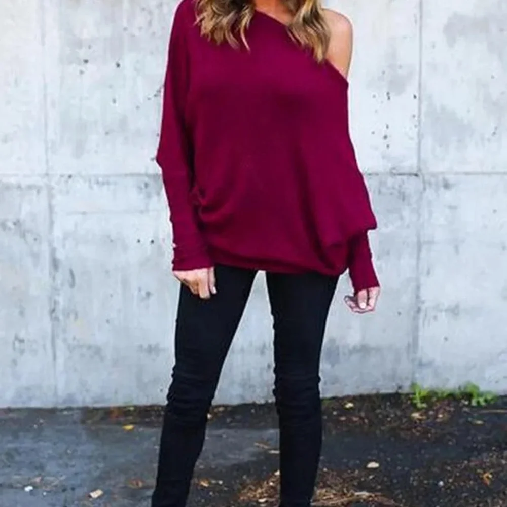 Women's Off-Shoulder Sweater knit loose tops Burgundy
